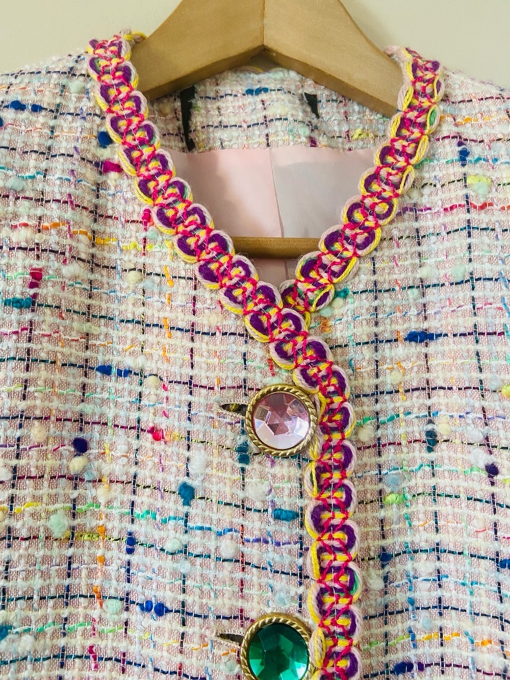 Vintage Union Made Tweed Skirt Suit Set Jeweled Button Pastel Boucle Size 4 - Picture 7 of 12